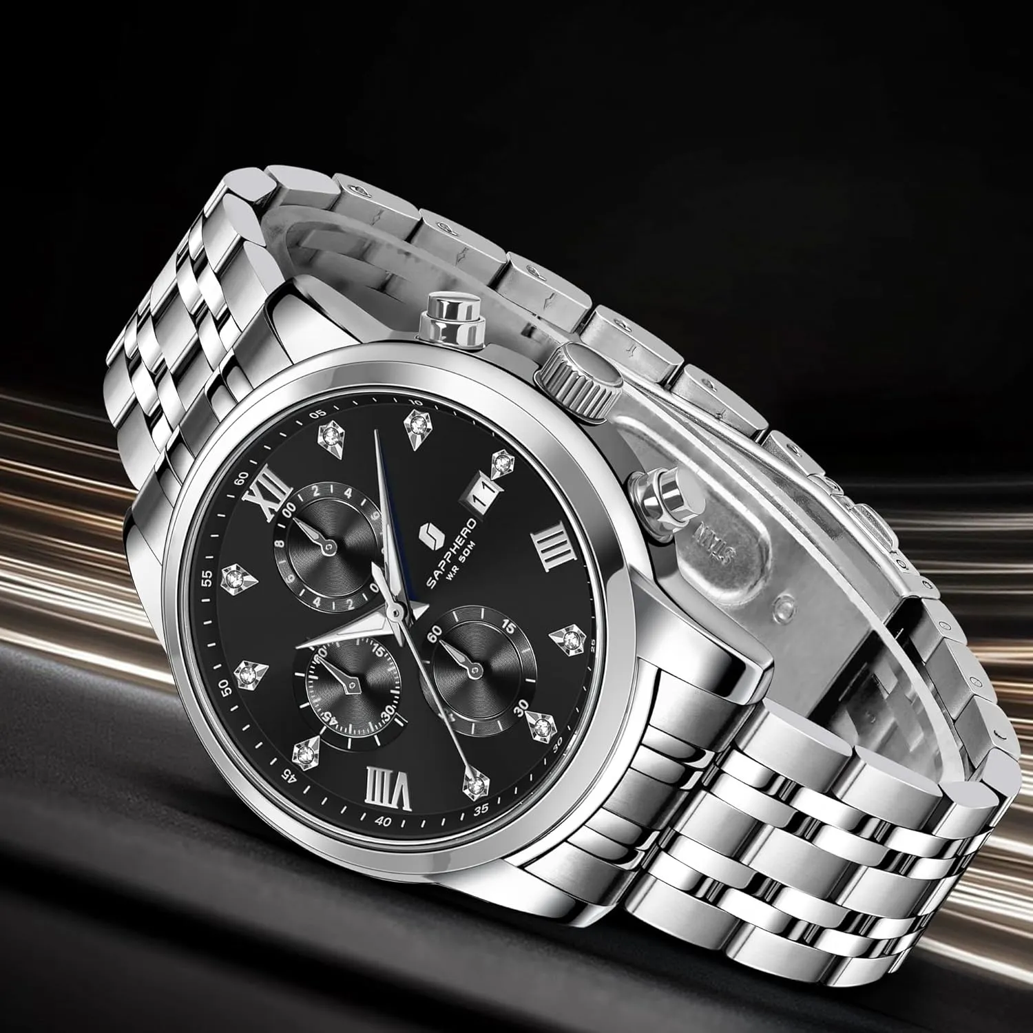 Display and Analog Quartz Design SAPPHERO Round Stainless Steel Watch for Men, 50M inform Waterproof Luminous Stylish Mens Gift Wristwatch with Date 