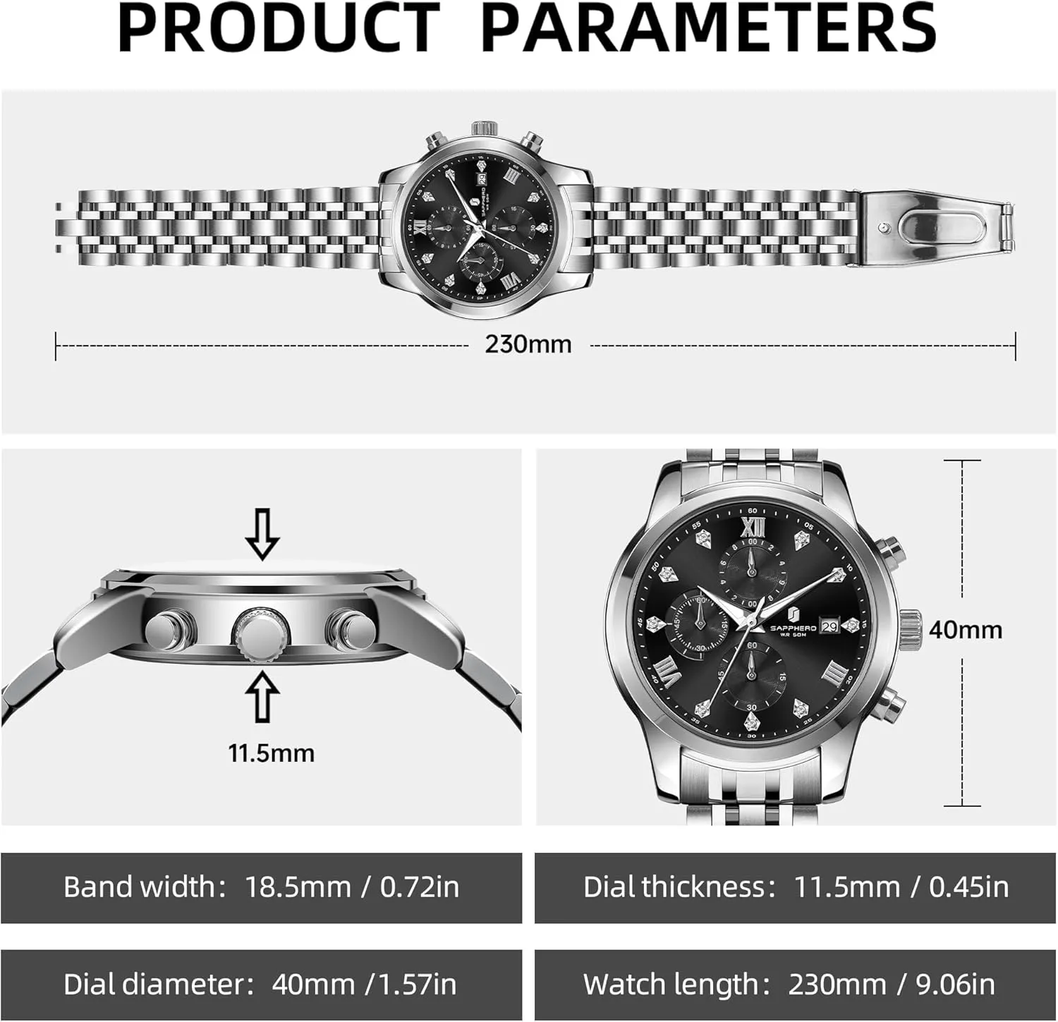 Display and Analog Quartz Design SAPPHERO Round Stainless Steel Watch for Men, 50M inform Waterproof Luminous Stylish Mens Gift Wristwatch with Date 