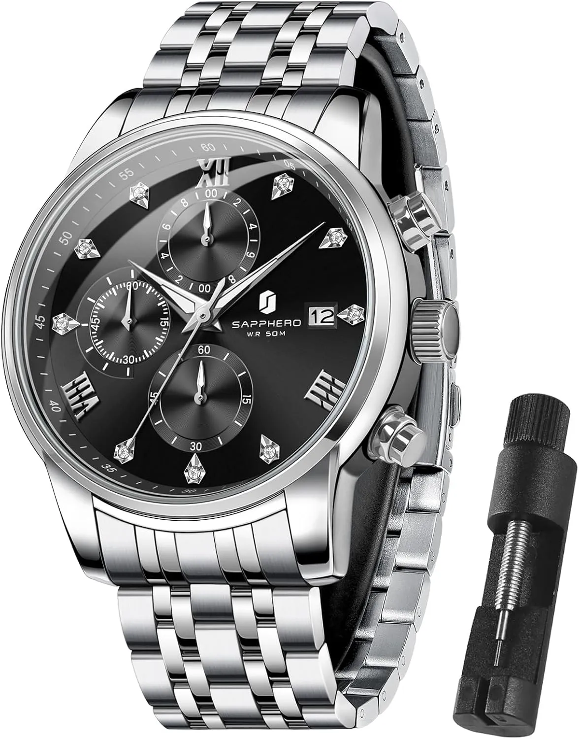 Display and Analog Quartz Design SAPPHERO Round Stainless Steel Watch for Men, 50M inform Waterproof Luminous Stylish Mens Gift Wristwatch with Date 