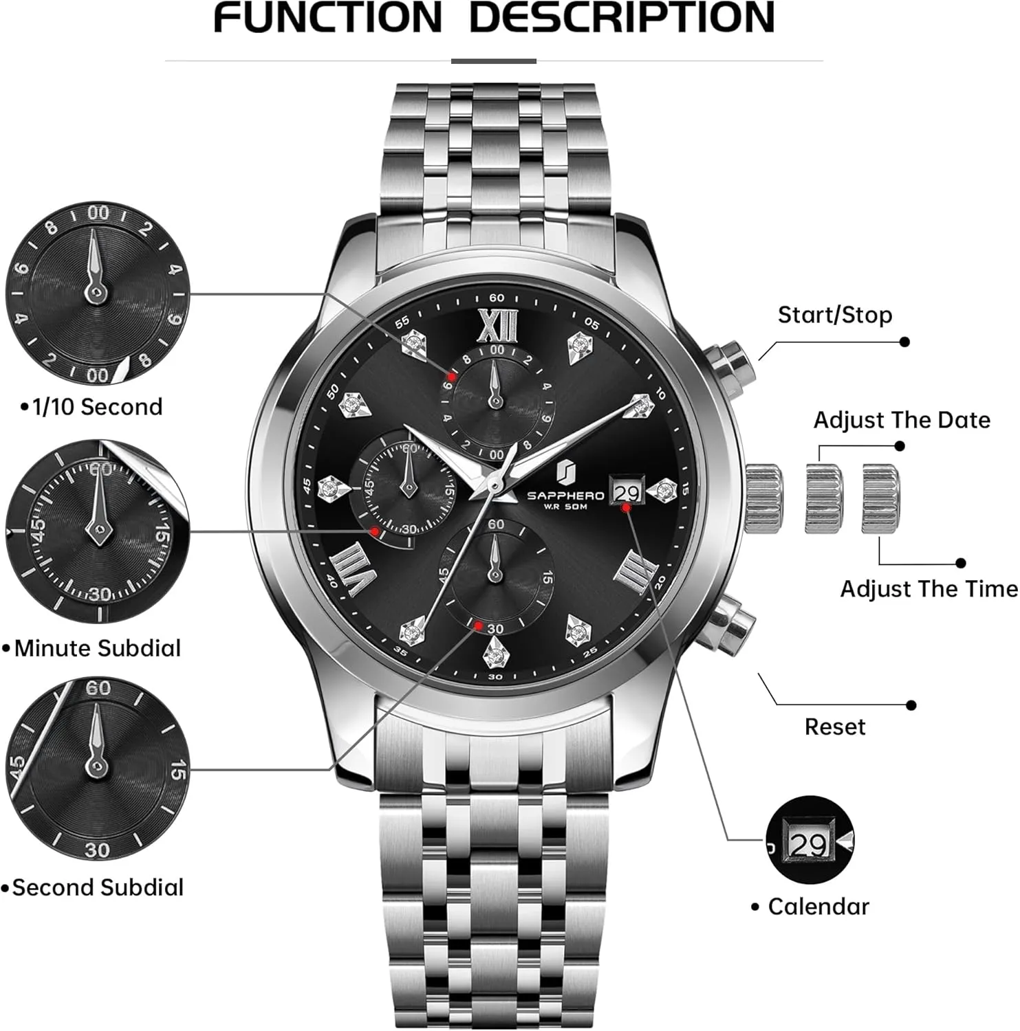Display and Analog Quartz Design SAPPHERO Round Stainless Steel Watch for Men, 50M inform Waterproof Luminous Stylish Mens Gift Wristwatch with Date 