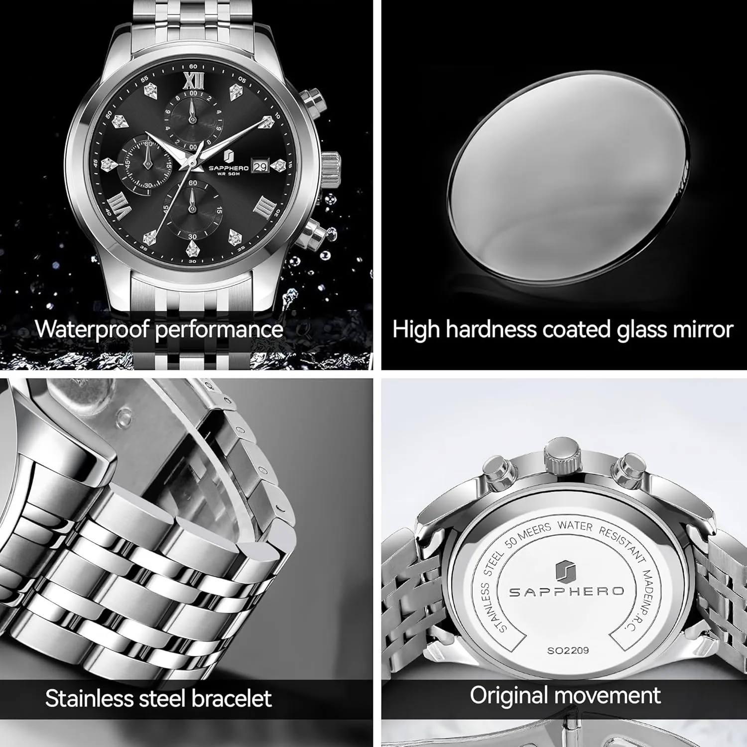 Display and Analog Quartz Design SAPPHERO Round Stainless Steel Watch for Men, 50M inform Waterproof Luminous Stylish Mens Gift Wristwatch with Date 
