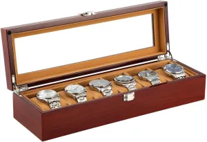 Display Case for Luxury Watches, Perfect Christmas Men??S attendance roam pilot Wooden Watch Organizer with 6 Slots and Glass Lid, Glossy Lacquered Watch 