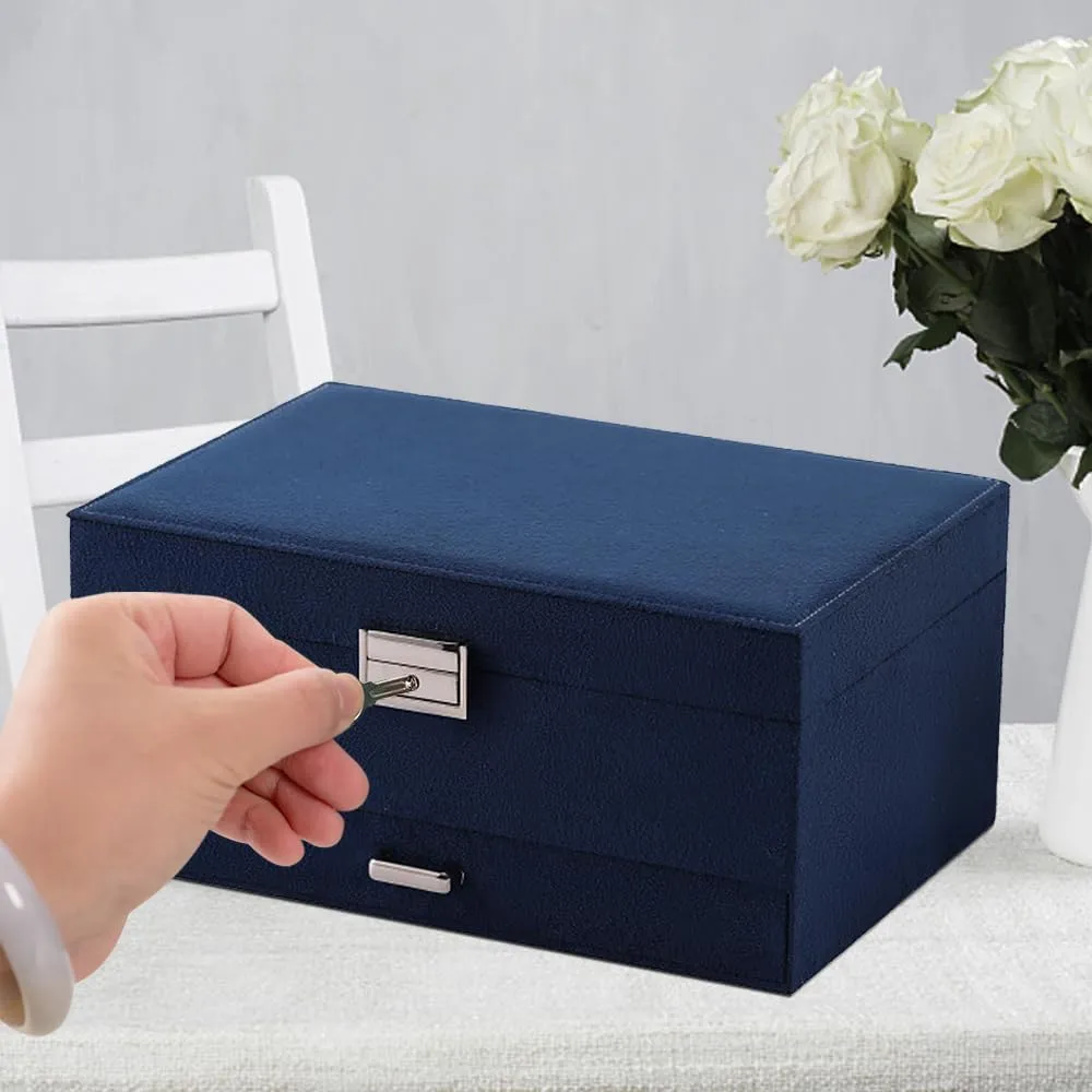 Display Case, Velvet Jewelry Box with Lock and Drawers, Varying Compartments for Necklace, Bracelets, Earrings, Rings, affiliate and Watch (Blue, Extra Large) Soddeph Large Jewelry Organizer Box, 3-tier 