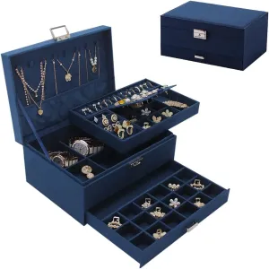 Display Case, Velvet Jewelry Box with Lock and Drawers, Varying Compartments for Necklace, Bracelets, Earrings, Rings, affiliate and Watch (Blue, Extra Large) Soddeph Large Jewelry Organizer Box, 3-tier 