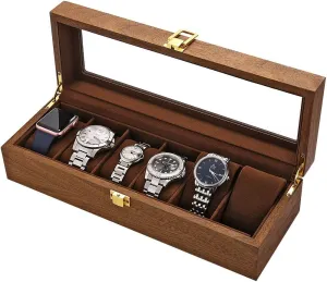 Display Case Watch Organizer, Jewelry Storage Case waxes crest LESTAR Watch Box, Executive 6 Slots Watch Case with Valet, Glass Topped Wooden Watch 