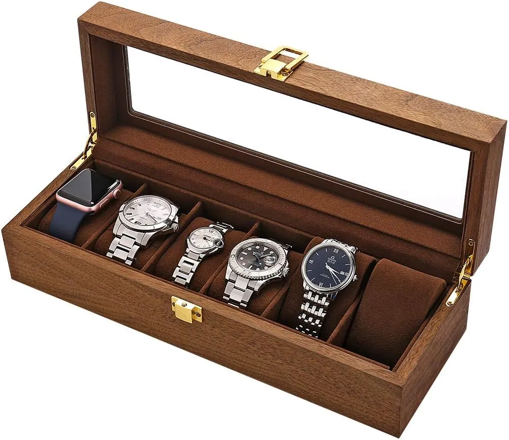 Display Case Watch Organizer, Jewelry Storage Case waxes crest LESTAR Watch Box, Executive 6 Slots Watch Case with Valet, Glass Topped Wooden Watch 