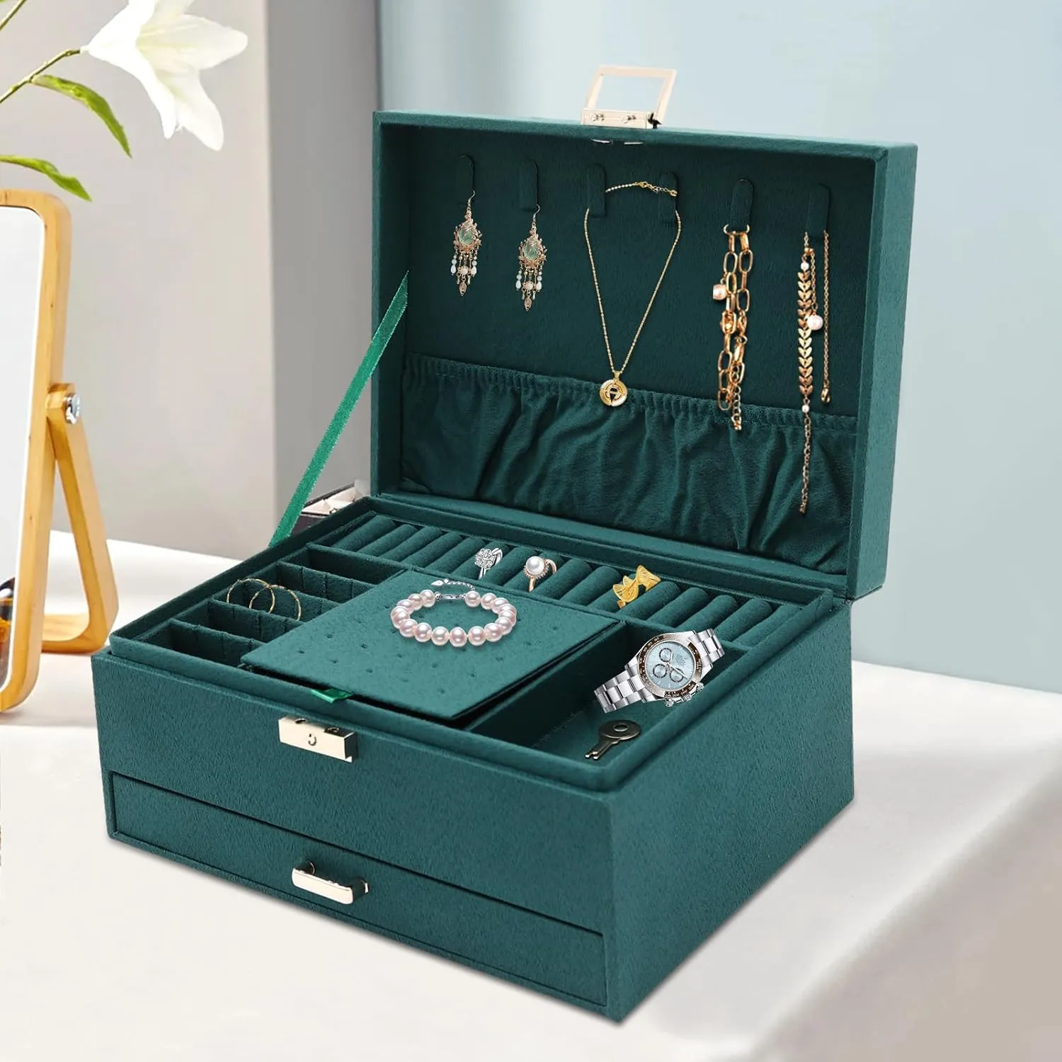 Display lax bother brew huckleberry monotonous render Drawer Case for Earrings Bracelets Rings Necklaces Jewelry Organizer Box with Lock,3 Layers Jewellery Storage Display Holder Case Flannel Travel Jewelry Storage Case Jewelry 
