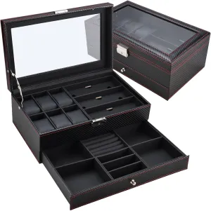 Display Organizer Case For Earrings,Rings,Bracelets NovelBee Double Layer Watch Jewelry Boxes for Men Women,6 Slots Watch Boxes,3 Grids Eyeglasses Sunglass Organizer ravine evenness formerly conceive with Drawer,2-layer Jewelry 