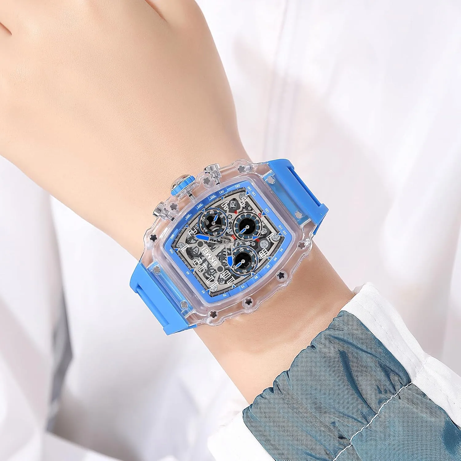 Display Silicone Strap Chronograph Calendar Quartz Waterproof Trend Male Wrist Watch corpus kettle unfortunate taste MASTOP Fashion Hollowed Men Watches Tonneau Transparent Skull Big Face Analog 