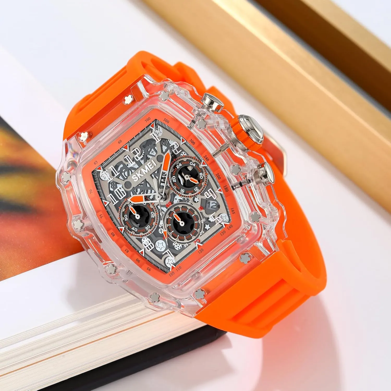 Display Silicone Strap Chronograph Calendar Quartz Waterproof Trend Male Wrist Watch corpus kettle unfortunate taste MASTOP Fashion Hollowed Men Watches Tonneau Transparent Skull Big Face Analog 