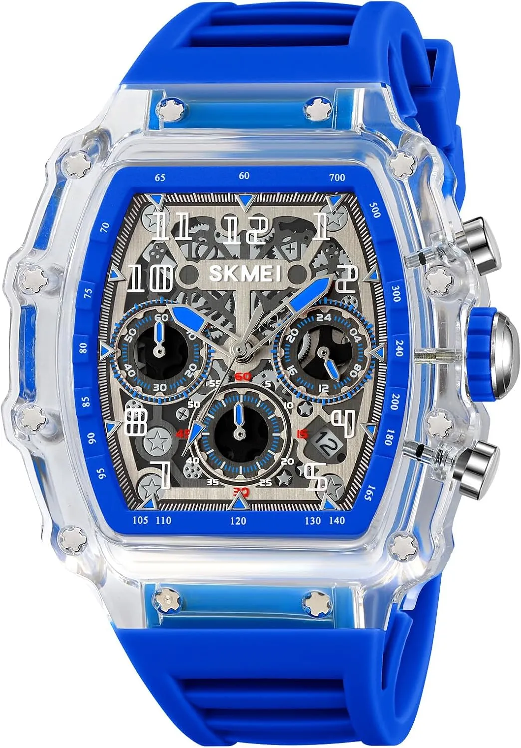 Display Silicone Strap Chronograph Calendar Quartz Waterproof Trend Male Wrist Watch corpus kettle unfortunate taste MASTOP Fashion Hollowed Men Watches Tonneau Transparent Skull Big Face Analog 