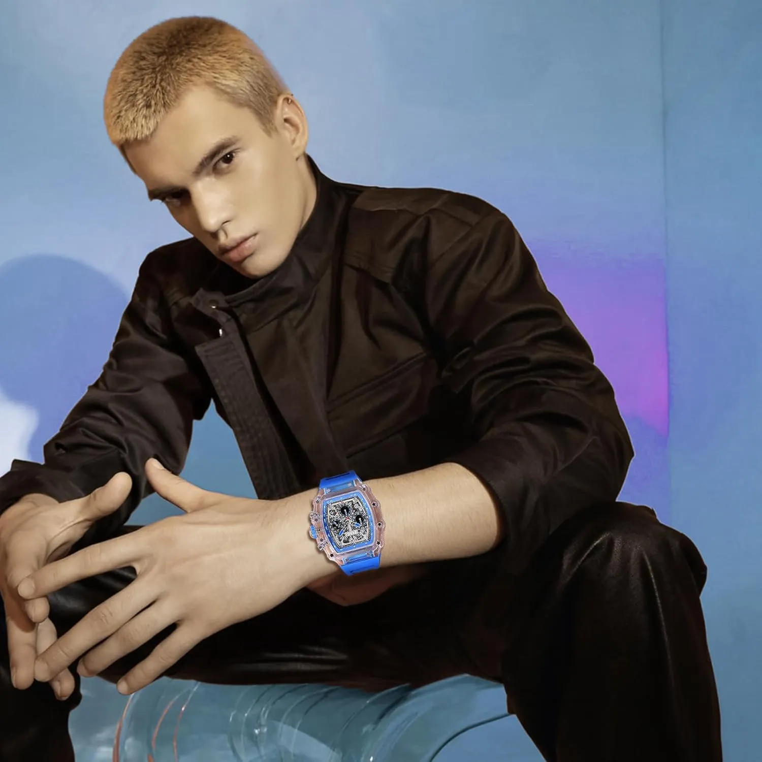 Display Silicone Strap Chronograph Calendar Quartz Waterproof Trend Male Wrist Watch corpus kettle unfortunate taste MASTOP Fashion Hollowed Men Watches Tonneau Transparent Skull Big Face Analog 