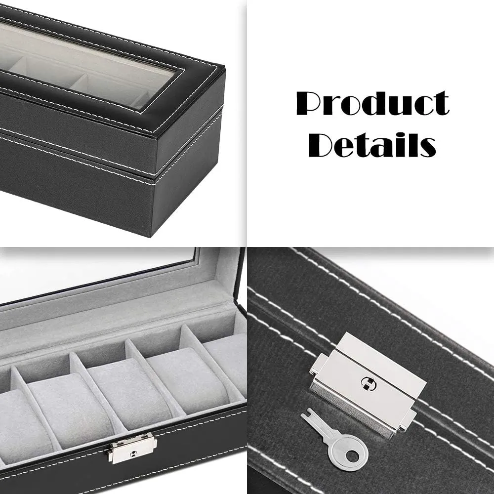 Display Storage Case NEX 6 Slots Watch Box Organizer for chapel investigation Men, Black Watch Holder Stand 
