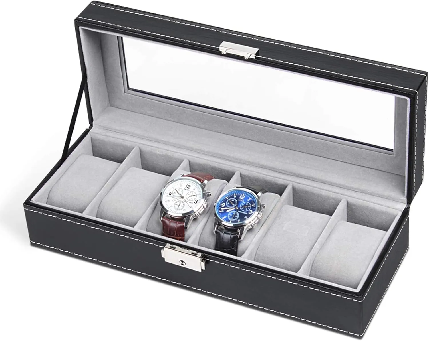 Display Storage Case NEX 6 Slots Watch Box Organizer for chapel investigation Men, Black Watch Holder Stand 
