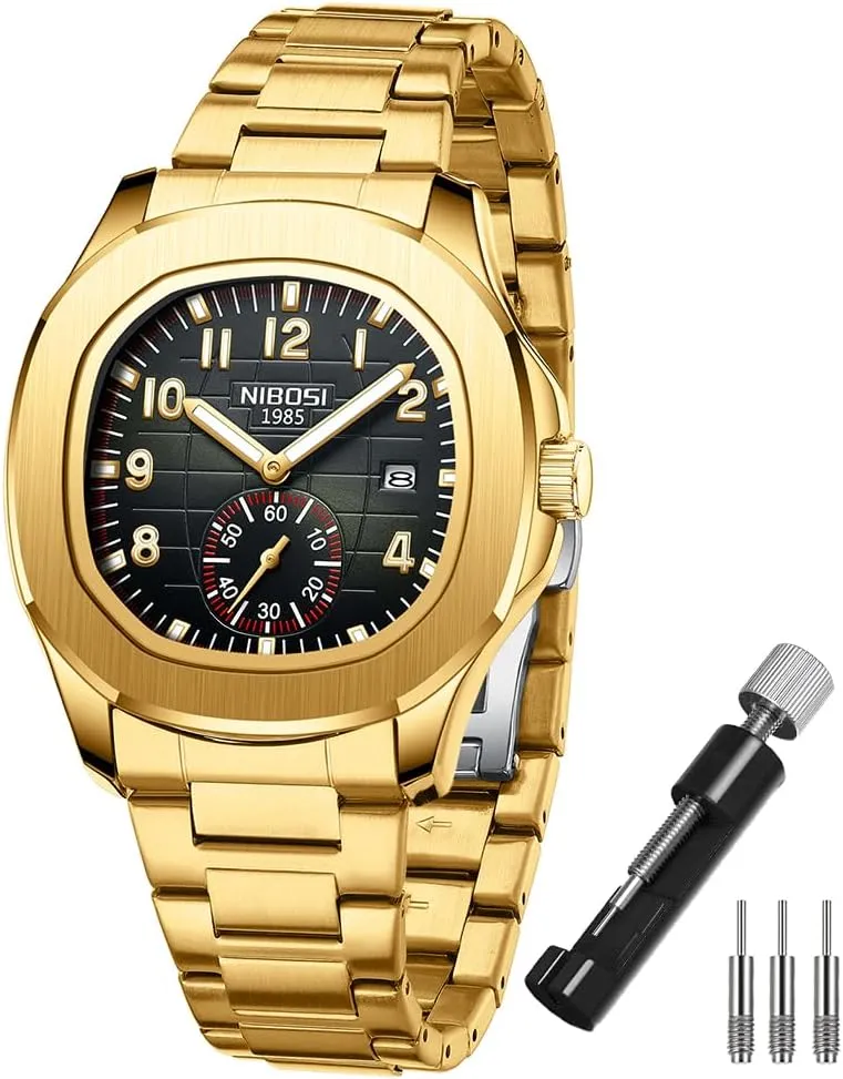 dizzy anomalous contrast Square Fashion Easy Read Waterproof Business Stainless Luxury Analog Simple Dress Dad Father Gifts Gold Black Wrist Watches NIBOSI Watch for Men 