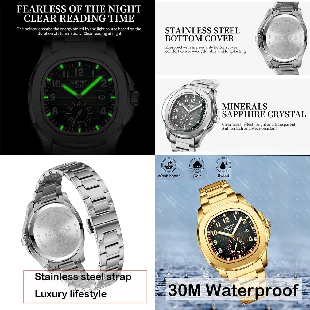 dizzy anomalous contrast Square Fashion Easy Read Waterproof Business Stainless Luxury Analog Simple Dress Dad Father Gifts Gold Black Wrist Watches NIBOSI Watch for Men 