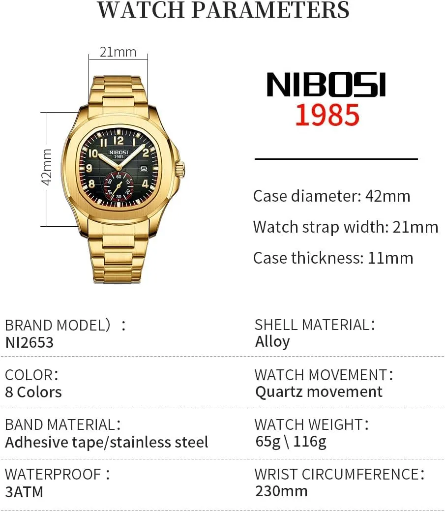 dizzy anomalous contrast Square Fashion Easy Read Waterproof Business Stainless Luxury Analog Simple Dress Dad Father Gifts Gold Black Wrist Watches NIBOSI Watch for Men 