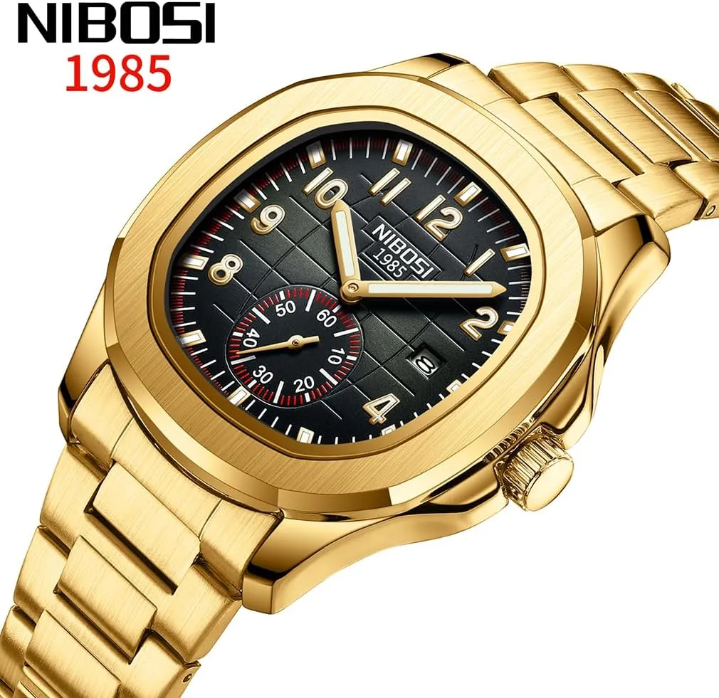 dizzy anomalous contrast Square Fashion Easy Read Waterproof Business Stainless Luxury Analog Simple Dress Dad Father Gifts Gold Black Wrist Watches NIBOSI Watch for Men 