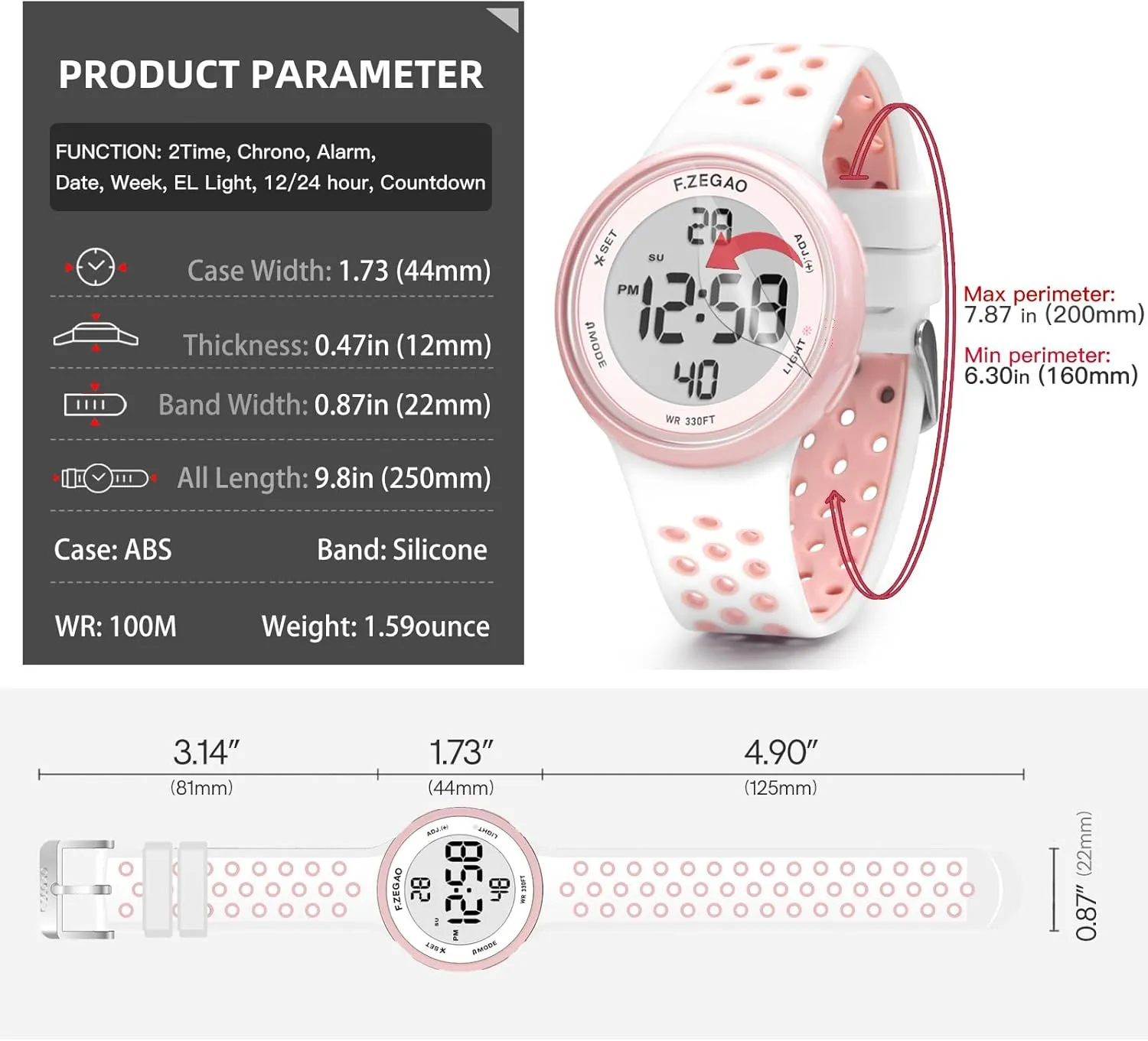 Double Injected Silicone Band Stopwatch Alarm Countdown Dual turmoil Time Mutifunction Digital Watch Unisex, 10ATM Waterproof Watch for Swimming Soft 