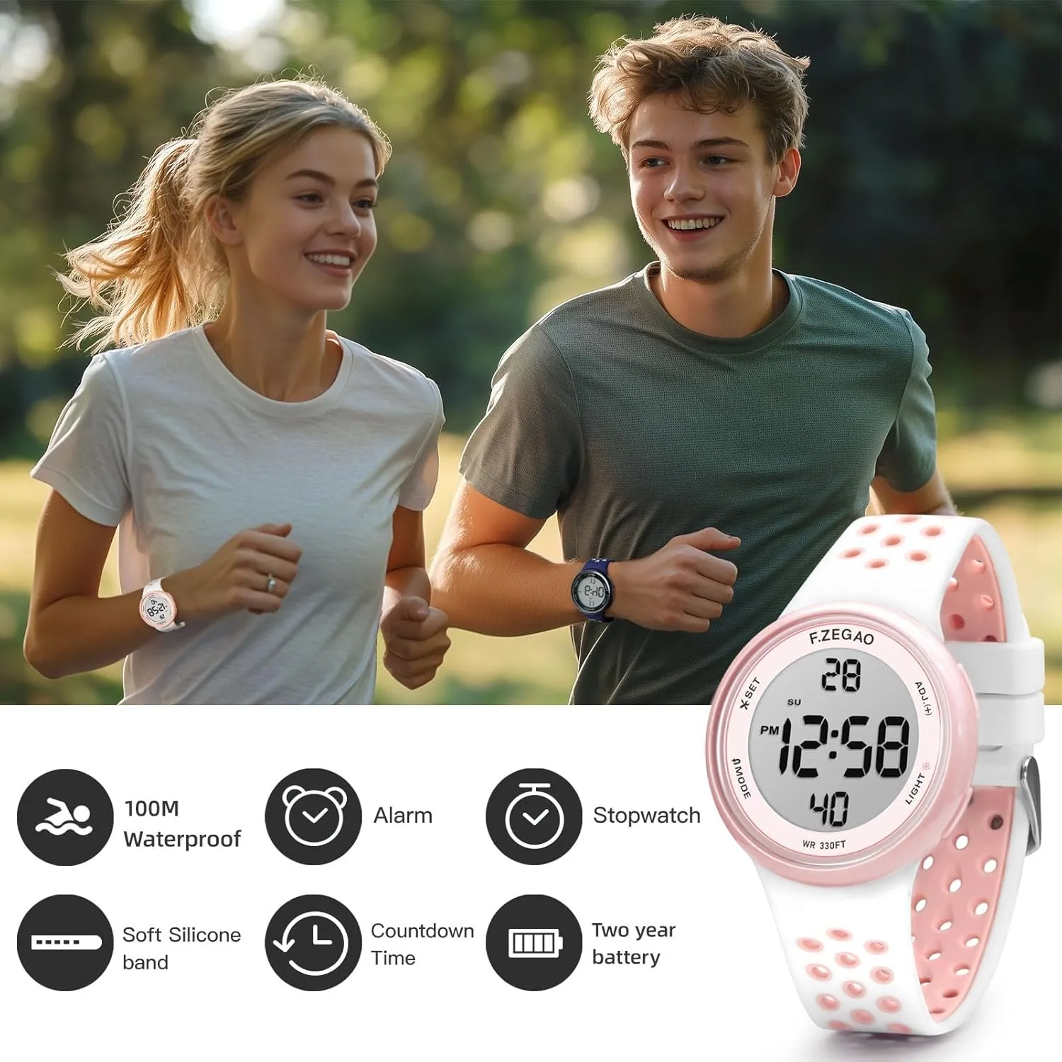 Double Injected Silicone Band Stopwatch Alarm Countdown Dual turmoil Time Mutifunction Digital Watch Unisex, 10ATM Waterproof Watch for Swimming Soft 