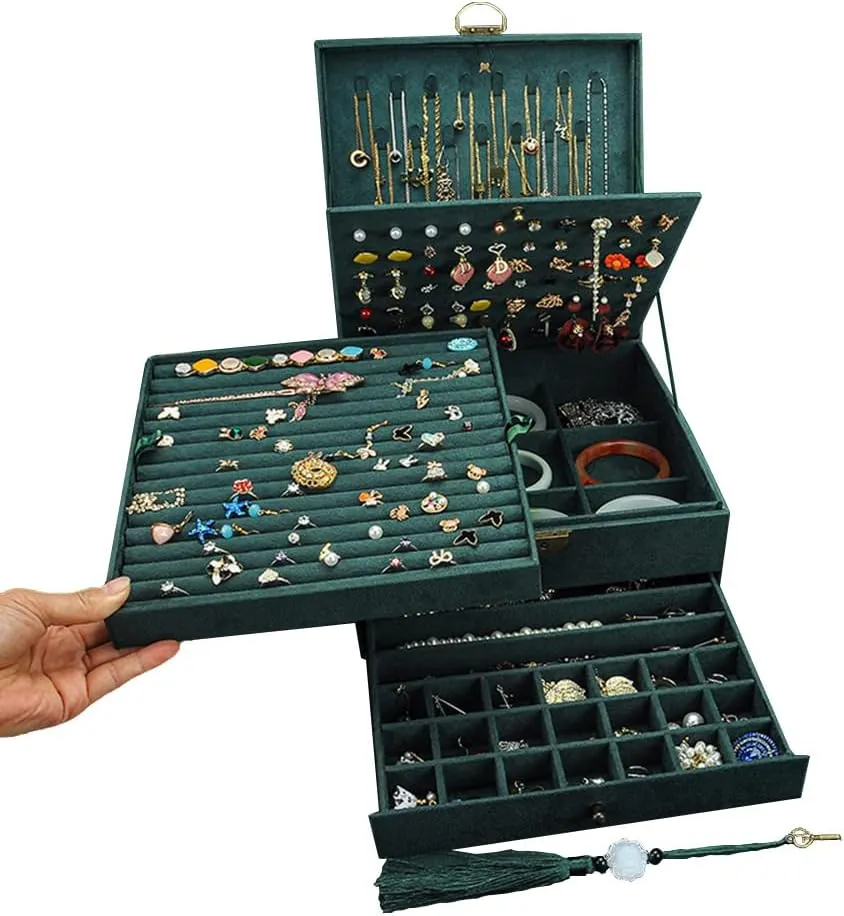 Drawer GY306 (Blackish Green) Jewelry Organizer 5 Layers Velvet Square Jewelry Box Women Necklace Ear studs Display Bangles Large Jewelry Storage intrude Case 