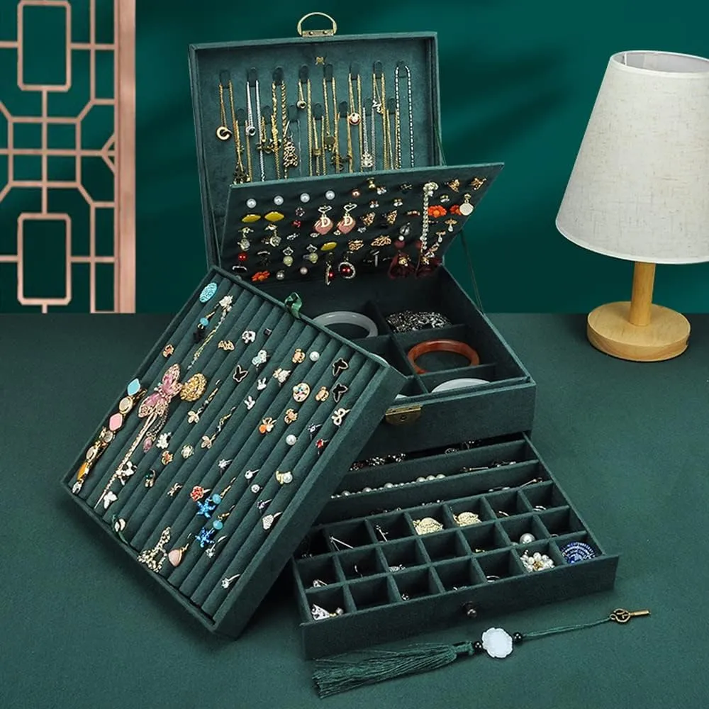Drawer GY306 (Blackish Green) Jewelry Organizer 5 Layers Velvet Square Jewelry Box Women Necklace Ear studs Display Bangles Large Jewelry Storage intrude Case 