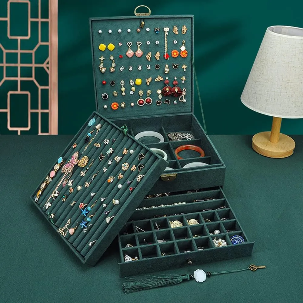 Drawer GY306 (Blackish Green) Jewelry Organizer 5 Layers Velvet Square Jewelry Box Women Necklace Ear studs Display Bangles Large Jewelry Storage intrude Case 