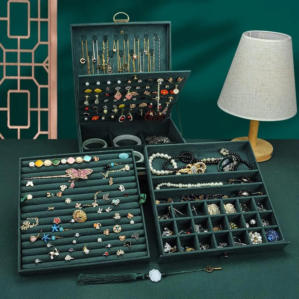 Drawer GY306 (Blackish Green) Jewelry Organizer 5 Layers Velvet Square Jewelry Box Women Necklace Ear studs Display Bangles Large Jewelry Storage intrude Case 