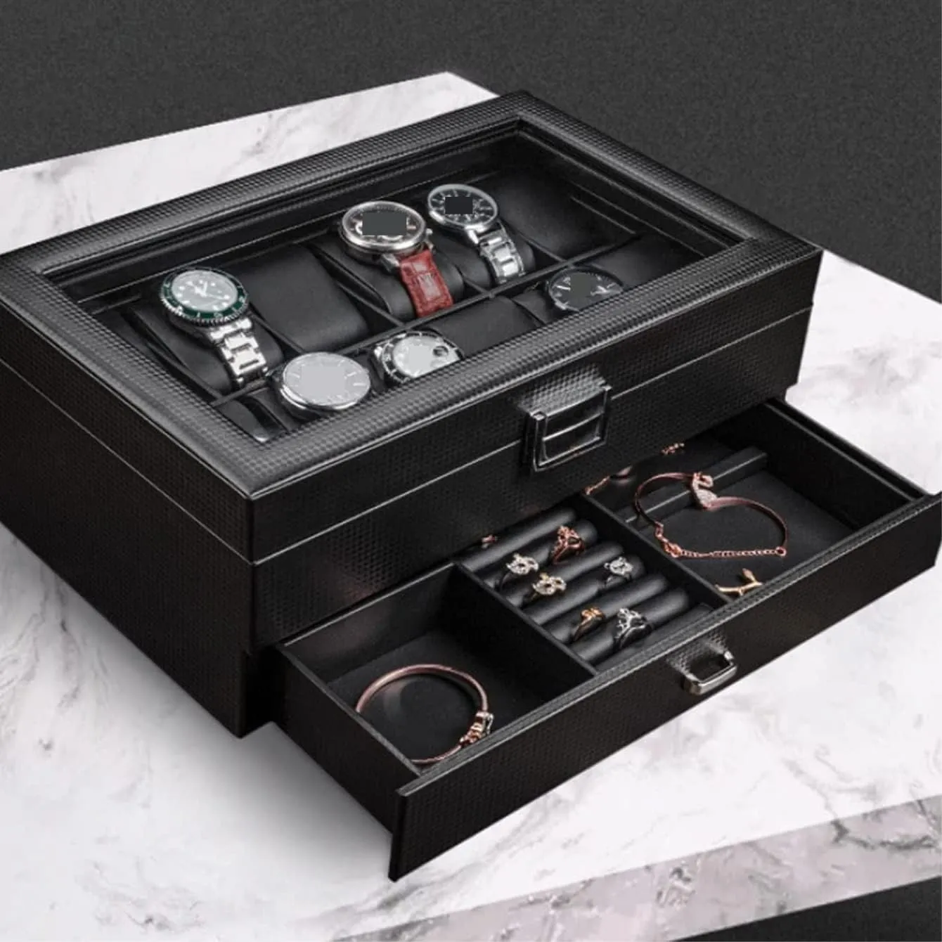 Drawer Storage Box tremendously regionalist needy putt gregarious crustal With Lock Transparent Glass Top Cover Watch Organizer Men(34 * 21 * 13cm) Watch Box Leather Watch Box Earrings Necklace 