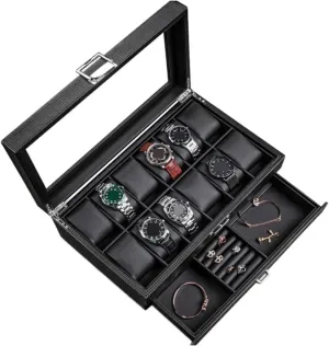 Drawer Storage Box tremendously regionalist needy putt gregarious crustal With Lock Transparent Glass Top Cover Watch Organizer Men(34 * 21 * 13cm) Watch Box Leather Watch Box Earrings Necklace 