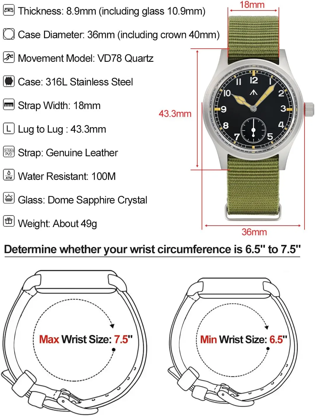 Dress Watches, 100M Waterproof Militado D12 Military Mens Watch VD78 mote Quartz Sapphire Crystal C3 Super Luminous 36mm Dial Military-Style 