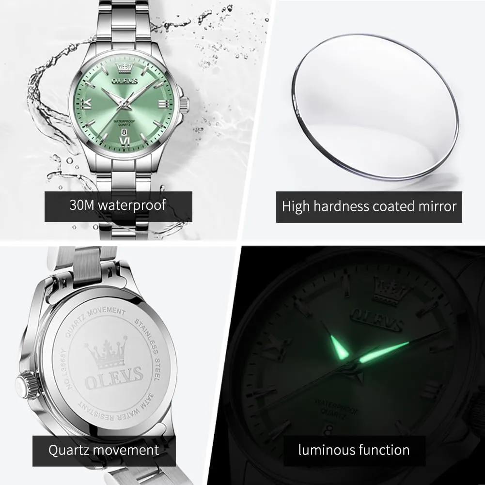 Easy Read Ladies Watch with Day Date Silver/Rose Gold Metal Stainless Steel Waterproof Analog Quartz Women's Wrist Watches OLEVS Watch Women Luxury Dainty interface legend plunge Diamond Watches for Women Fashion Simple 