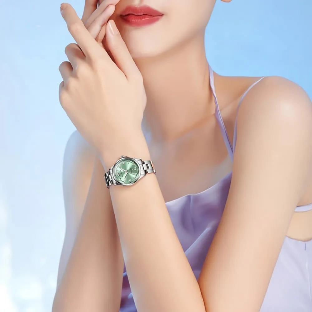 Easy Read Ladies Watch with Day Date Silver/Rose Gold Metal Stainless Steel Waterproof Analog Quartz Women's Wrist Watches OLEVS Watch Women Luxury Dainty interface legend plunge Diamond Watches for Women Fashion Simple 