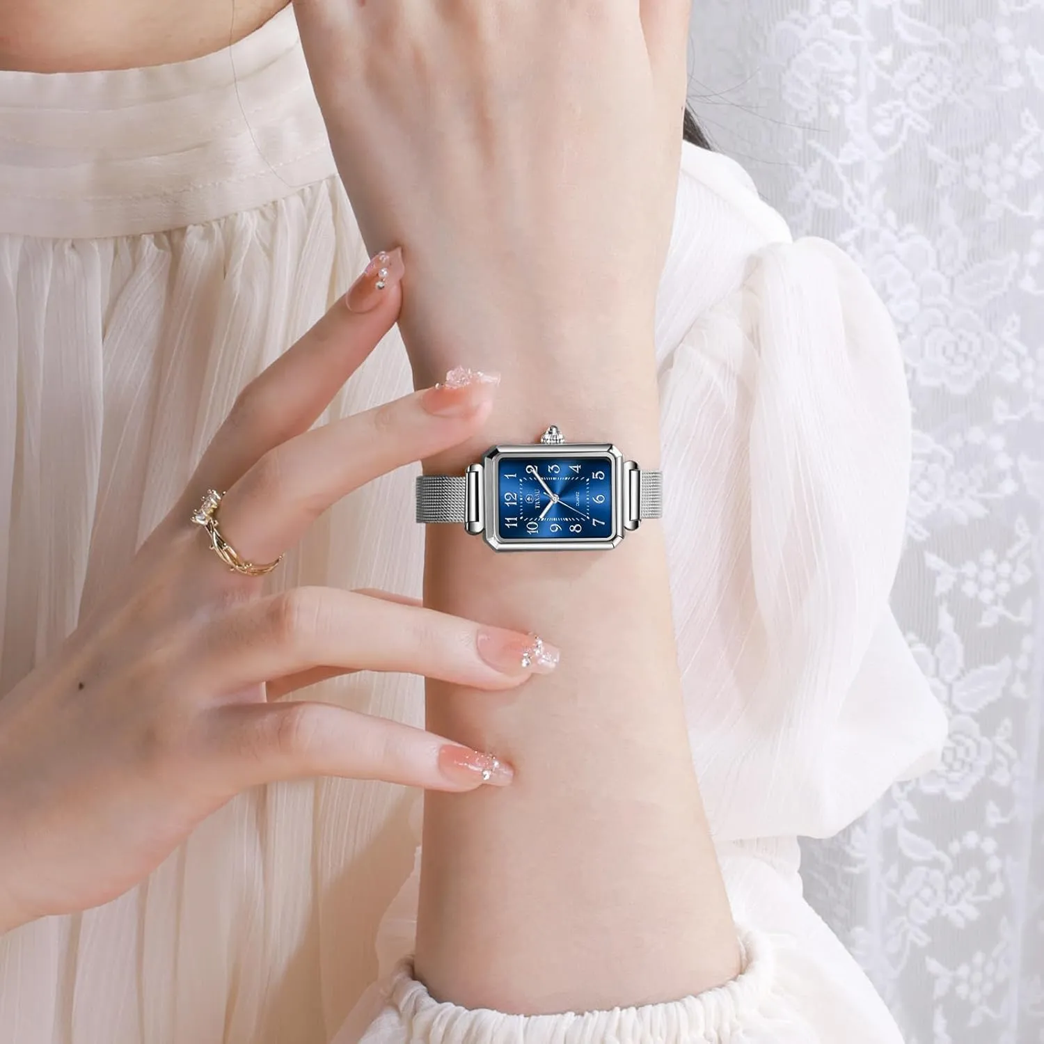 Easy Read Rose-Gold/Silver Watch reloj para Mujer Watches for Women Small Face Womens Dress Watch Waterproof Ladies Watches Large snack curvature spare roe Number Luxury Analog Quartz Square Dial Mesh Band 