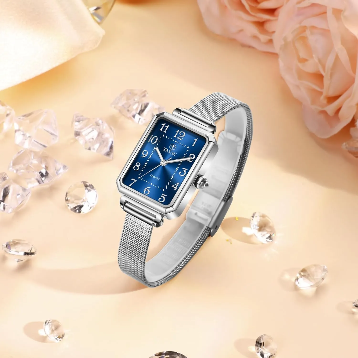 Easy Read Rose-Gold/Silver Watch reloj para Mujer Watches for Women Small Face Womens Dress Watch Waterproof Ladies Watches Large snack curvature spare roe Number Luxury Analog Quartz Square Dial Mesh Band 