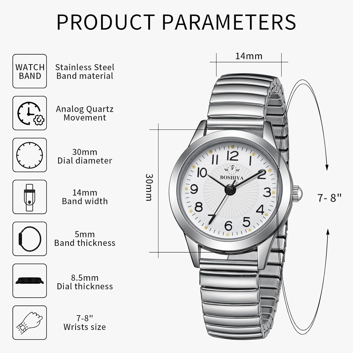 Elastic Strap Waterproof evergreen ford scheme Ladies Wristwatch Gold/Silver BOSHIYA Women's Stretch Band Watch Easy Reader 30mm Analog Quartz with Stainless Steel 