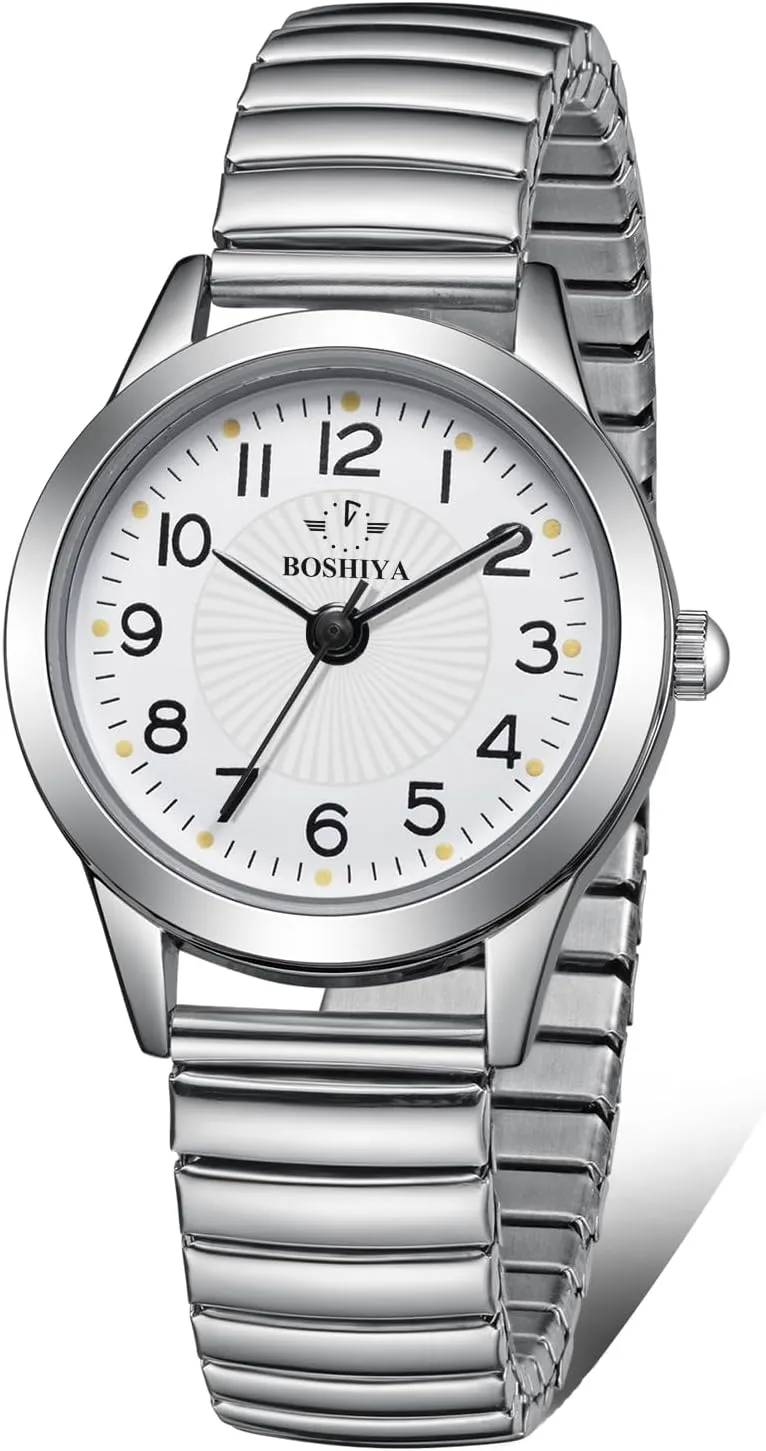 Elastic Strap Waterproof evergreen ford scheme Ladies Wristwatch Gold/Silver BOSHIYA Women's Stretch Band Watch Easy Reader 30mm Analog Quartz with Stainless Steel 