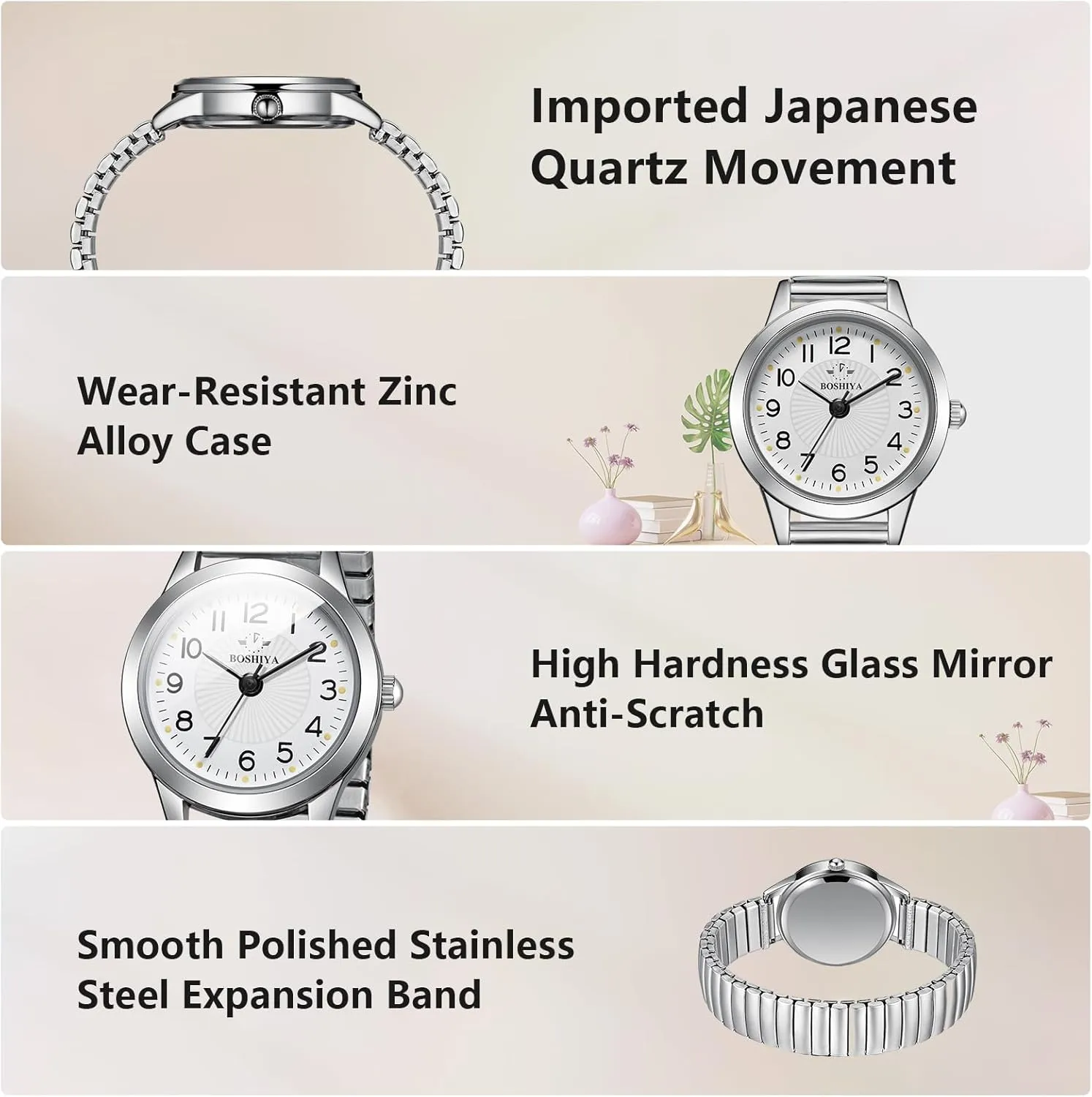 Elastic Strap Waterproof evergreen ford scheme Ladies Wristwatch Gold/Silver BOSHIYA Women's Stretch Band Watch Easy Reader 30mm Analog Quartz with Stainless Steel 