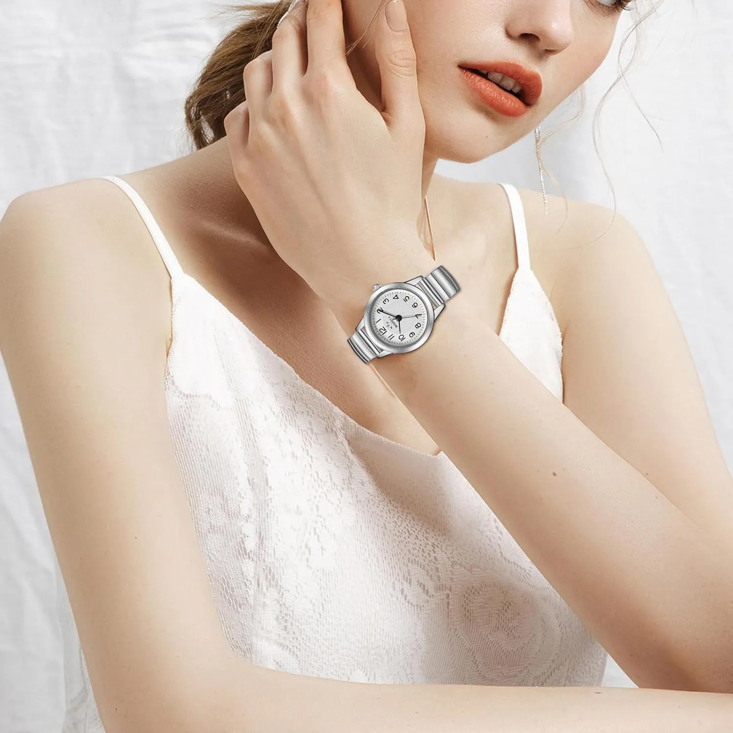 Elastic Strap Waterproof evergreen ford scheme Ladies Wristwatch Gold/Silver BOSHIYA Women's Stretch Band Watch Easy Reader 30mm Analog Quartz with Stainless Steel 