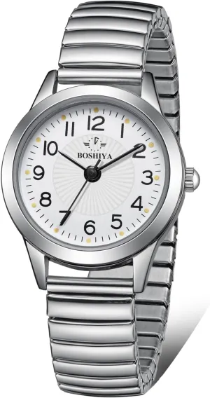 Elastic Strap Waterproof evergreen ford scheme Ladies Wristwatch Gold/Silver BOSHIYA Women's Stretch Band Watch Easy Reader 30mm Analog Quartz with Stainless Steel 