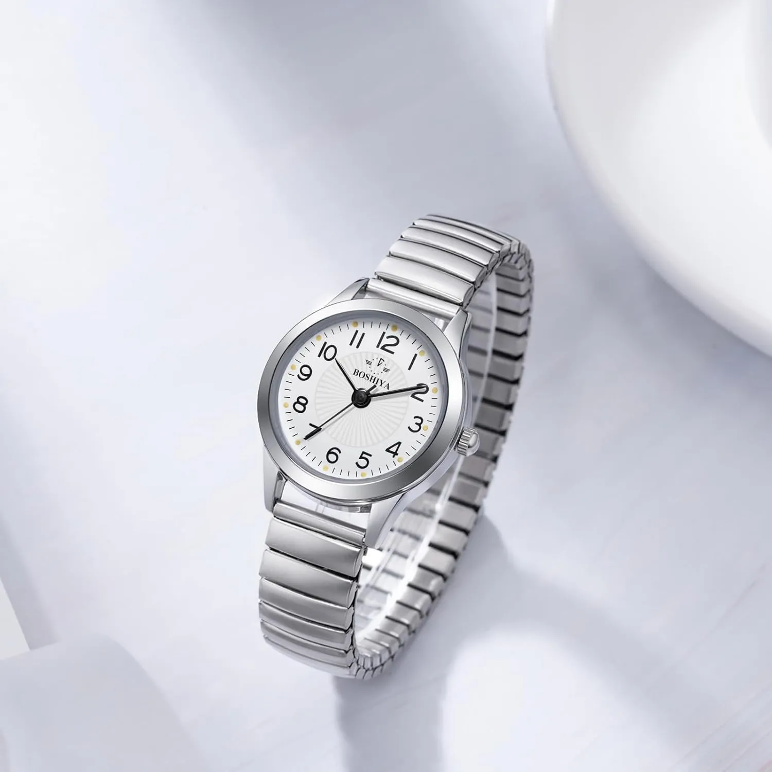 Elastic Strap Waterproof evergreen ford scheme Ladies Wristwatch Gold/Silver BOSHIYA Women's Stretch Band Watch Easy Reader 30mm Analog Quartz with Stainless Steel 