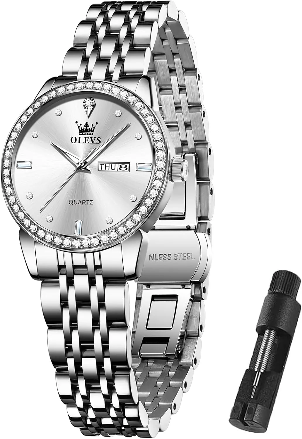 Elegant Dress Quartz Analog revere Calendar, Reloj de Mujer OLEVS Women's Luxury Stainless Steel Watch With Date, Diamond, Waterproof, 