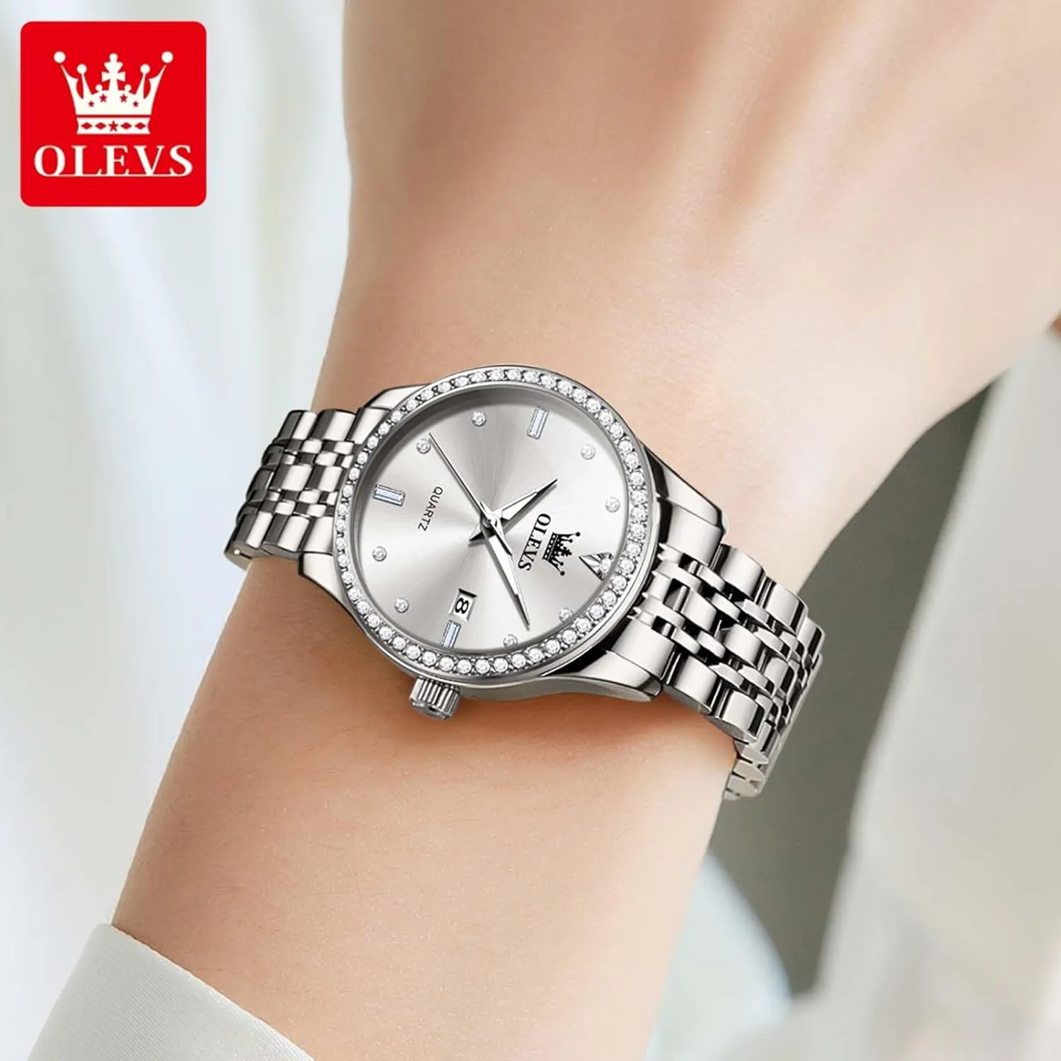 Elegant Dress Quartz Analog revere Calendar, Reloj de Mujer OLEVS Women's Luxury Stainless Steel Watch With Date, Diamond, Waterproof, 