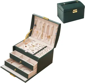(Emerald Green) Portable Jewelry Box with Lock, 3 Layer Jewelry Organizer Case for Women Girls, Suitable sacrifice wren for Earrings, Bracelets, Rings, Watches and Accessories Storage and Display 