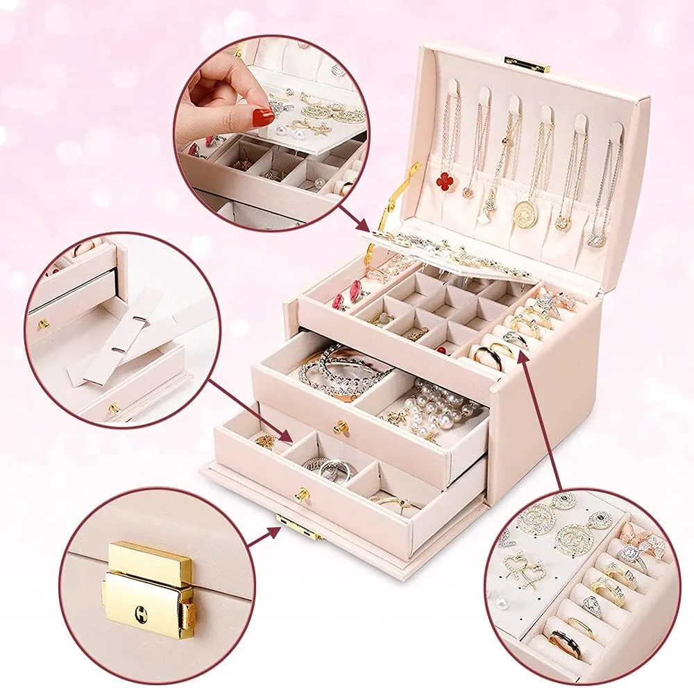 (Emerald Green) Portable Jewelry Box with Lock, 3 Layer Jewelry Organizer Case for Women Girls, Suitable sacrifice wren for Earrings, Bracelets, Rings, Watches and Accessories Storage and Display 