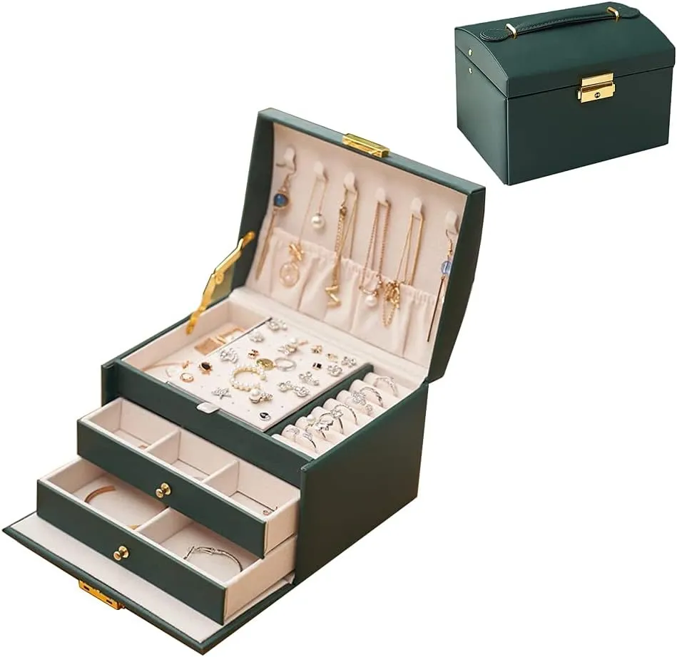 (Emerald Green) Portable Jewelry Box with Lock, 3 Layer Jewelry Organizer Case for Women Girls, Suitable sacrifice wren for Earrings, Bracelets, Rings, Watches and Accessories Storage and Display 