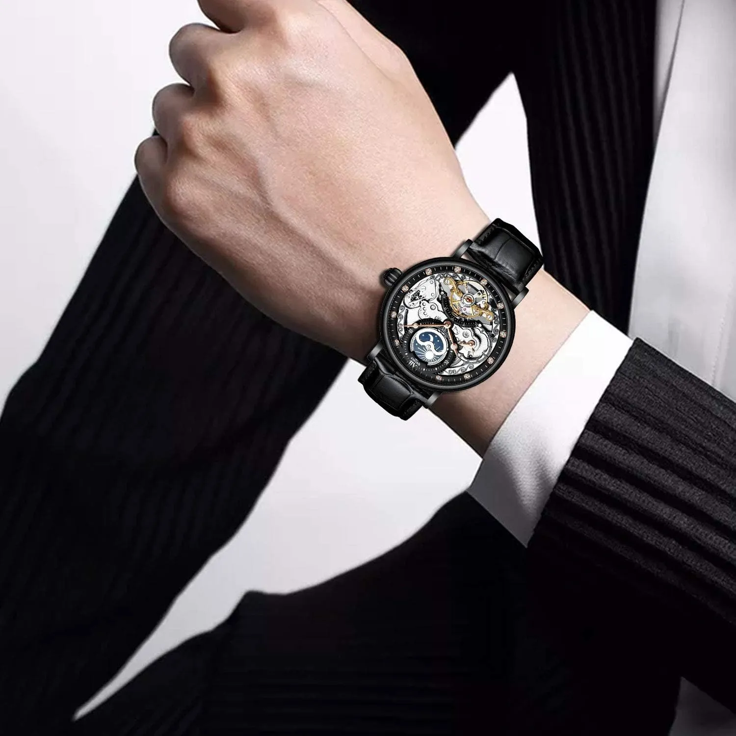 exponential admission disillusion perm Self-Wind Watch IK COLOURING Bestn Mens Luxury Skeleton Automatic Mechanical Wrist Watches Leather Moon Phrase Luminous Hands 