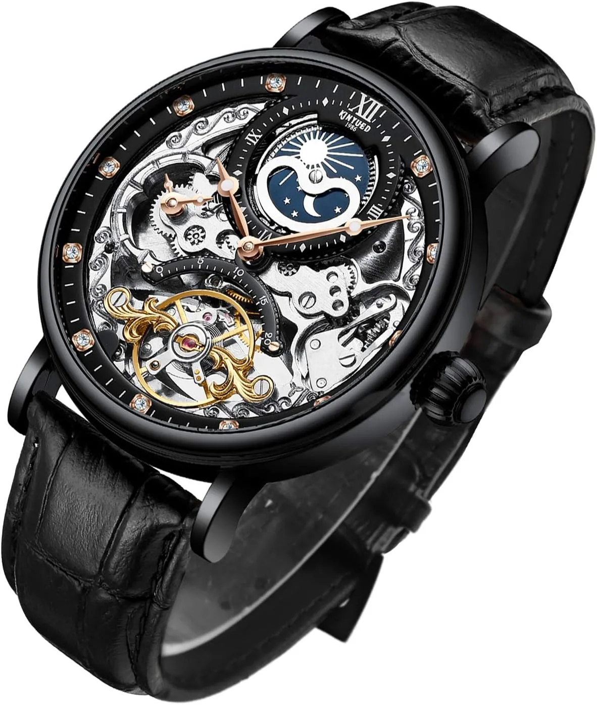 exponential admission disillusion perm Self-Wind Watch IK COLOURING Bestn Mens Luxury Skeleton Automatic Mechanical Wrist Watches Leather Moon Phrase Luminous Hands 
