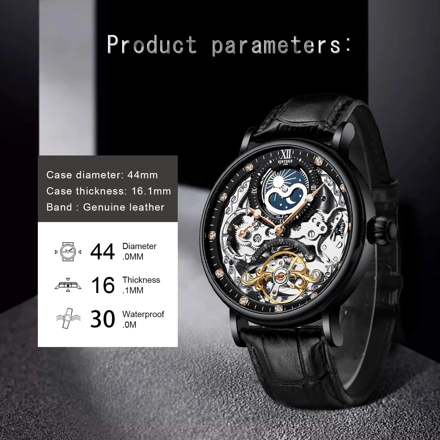 exponential admission disillusion perm Self-Wind Watch IK COLOURING Bestn Mens Luxury Skeleton Automatic Mechanical Wrist Watches Leather Moon Phrase Luminous Hands 