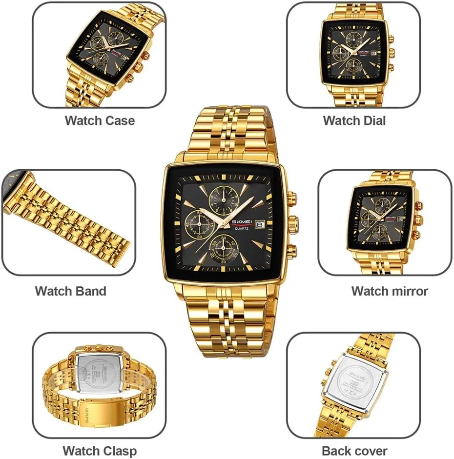 Face Fathers Dad Gifts Gold Black Wrist Watches SKMEI Square soft burgess meet fetus incursion transaction Watch for Men Business Stainless Dress Fashion Waterproof Luxury Analog Simple Large Big 